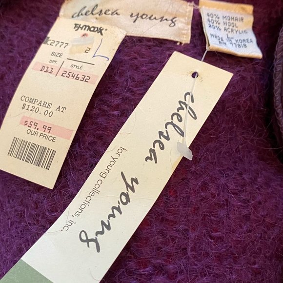 Vintage Chelsea Young mohair purple cardigan sweater, size L NWT - Picture 7 of 7